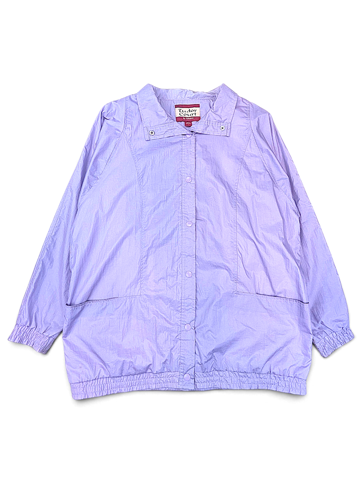 Tudor Court Lilac Snap Front Jacket; Front view with snap fastening and patch pockets.