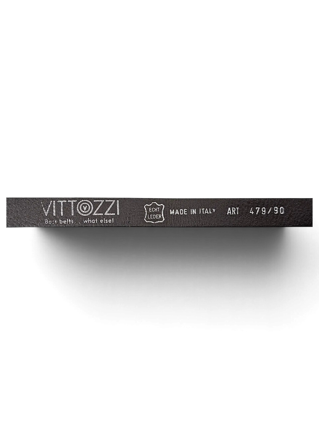 JAKE & IPI Vittozzi black leather belt with Italian craftsmanship branding and product details printed on the strap.