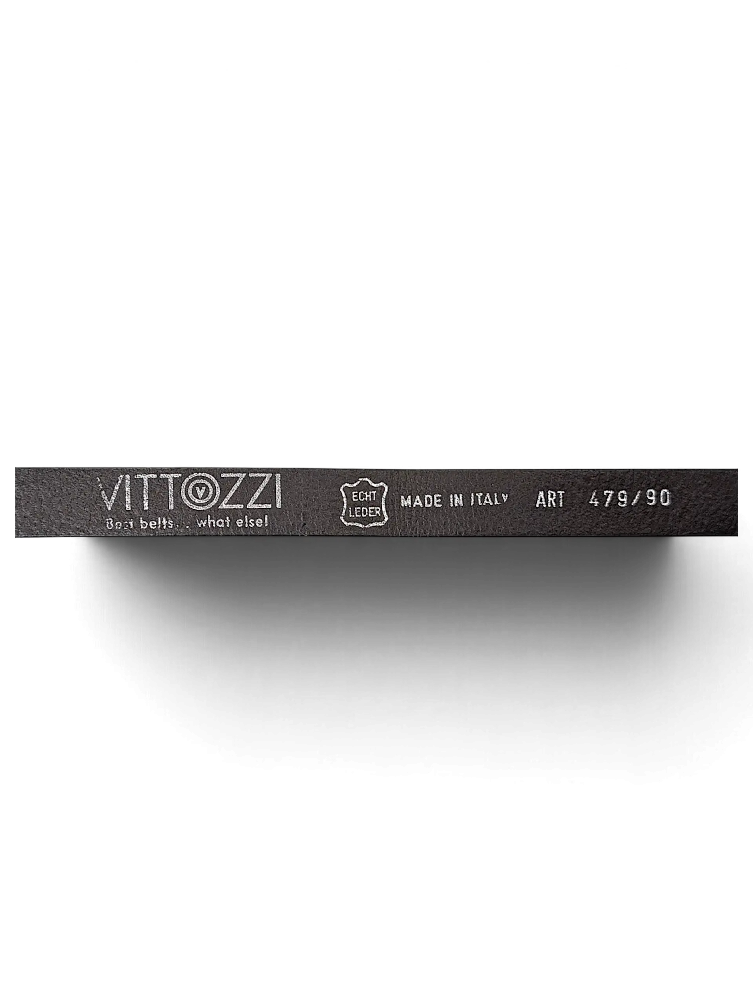 JAKE & IPI Vittozzi black leather belt with Italian craftsmanship branding and product details printed on the strap.