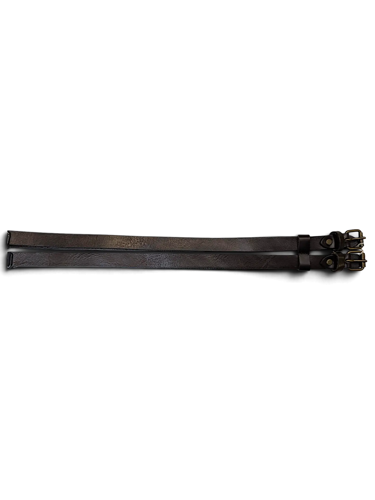 JAKE & IPI Vittozzi double dark brown leather belt with antique brass buckles on a white background