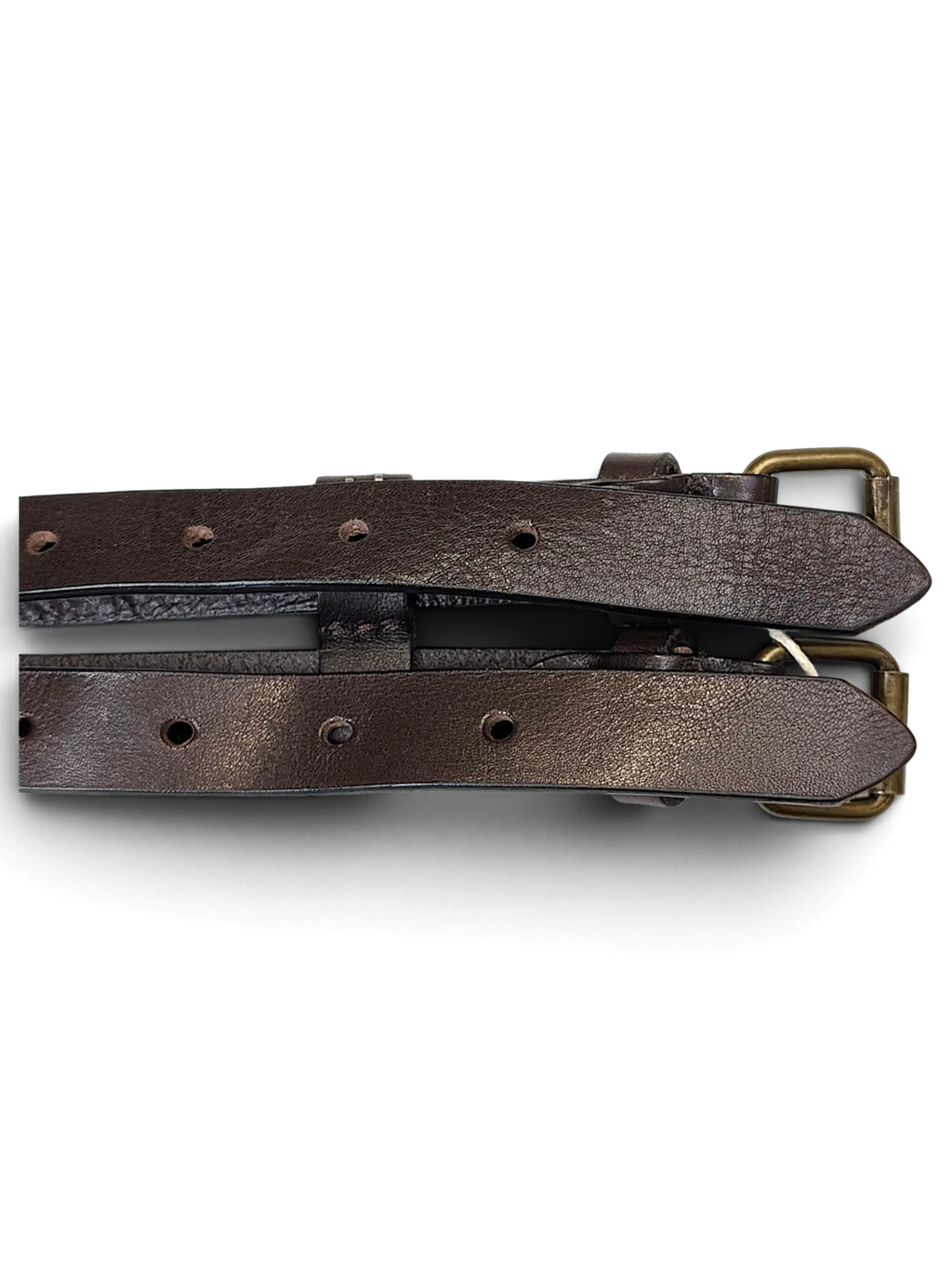 JAKE & IPI Vittozzi double leather belt in dark brown with antique brass buckles and a hanging product tag