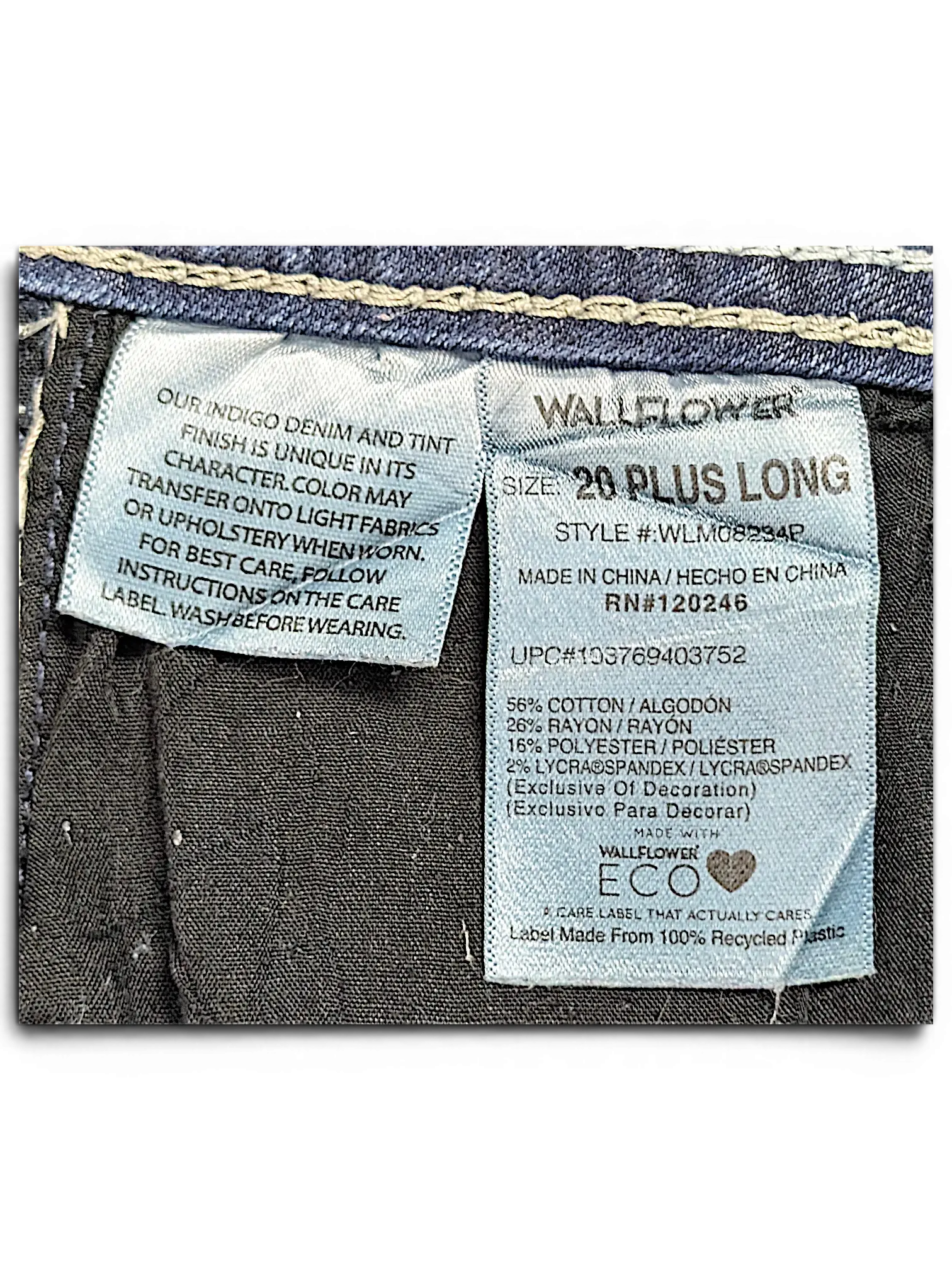 JAKE & IPI Wallflower Plus Long 20 jeans interior care label showing fabric composition and size details