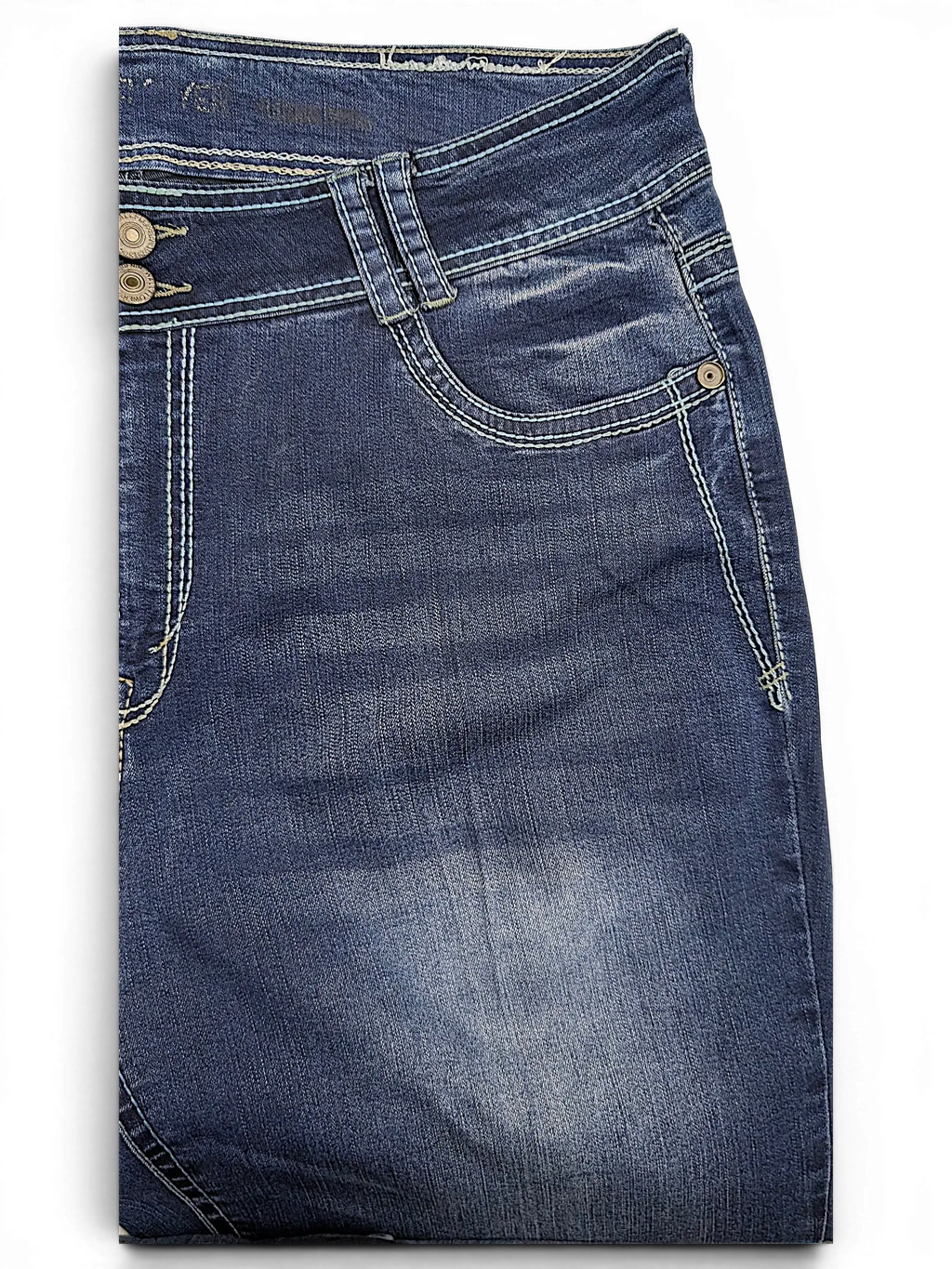 JAKE & IPI Wallflower Plus Long 20 dark blue denim jeans with contrast stitching and double button closure.