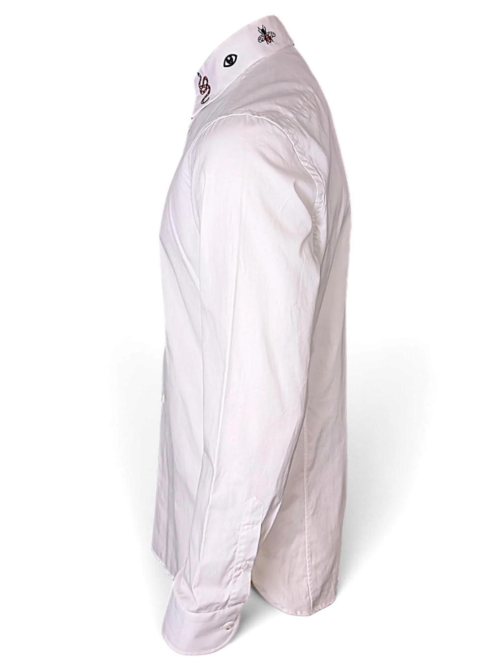 JAKE & IPI white long-sleeve button-down shirt with embroidered bee and eye motifs on the collar