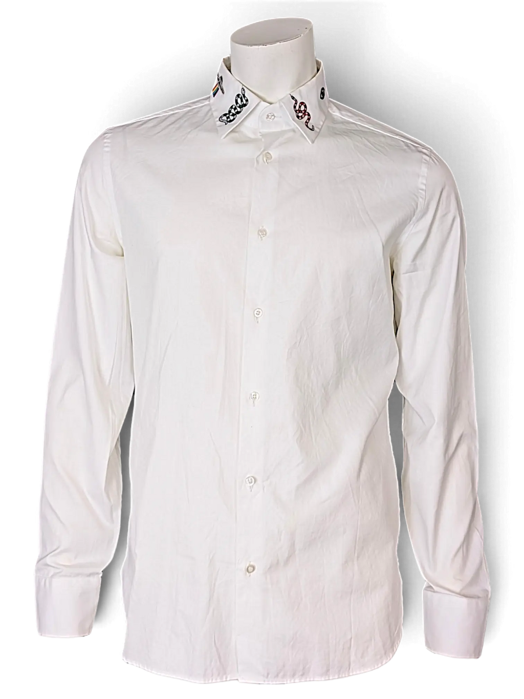 JAKE & IPI white long-sleeve button-down shirt featuring embroidered snake detailing on the collar