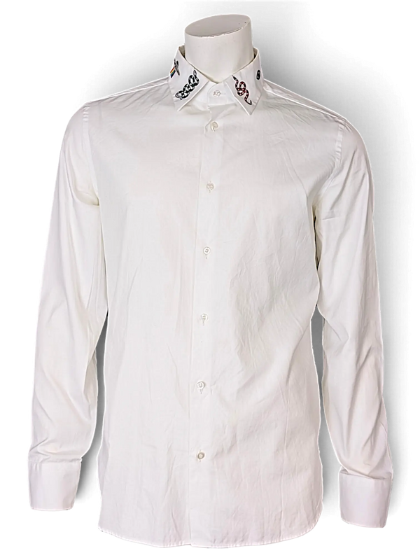 JAKE & IPI white long-sleeve button-down shirt featuring embroidered snake detailing on the collar