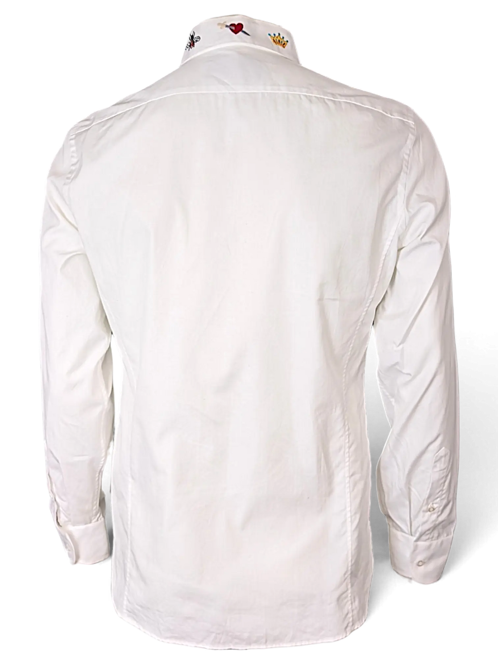 JAKE & IPI white long-sleeve button-down shirt with embroidered heart and crown details on the collar back view