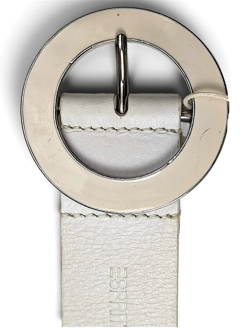 JAKE & IPI white leather belt featuring a large circular silver-tone buckle with a smooth finish.