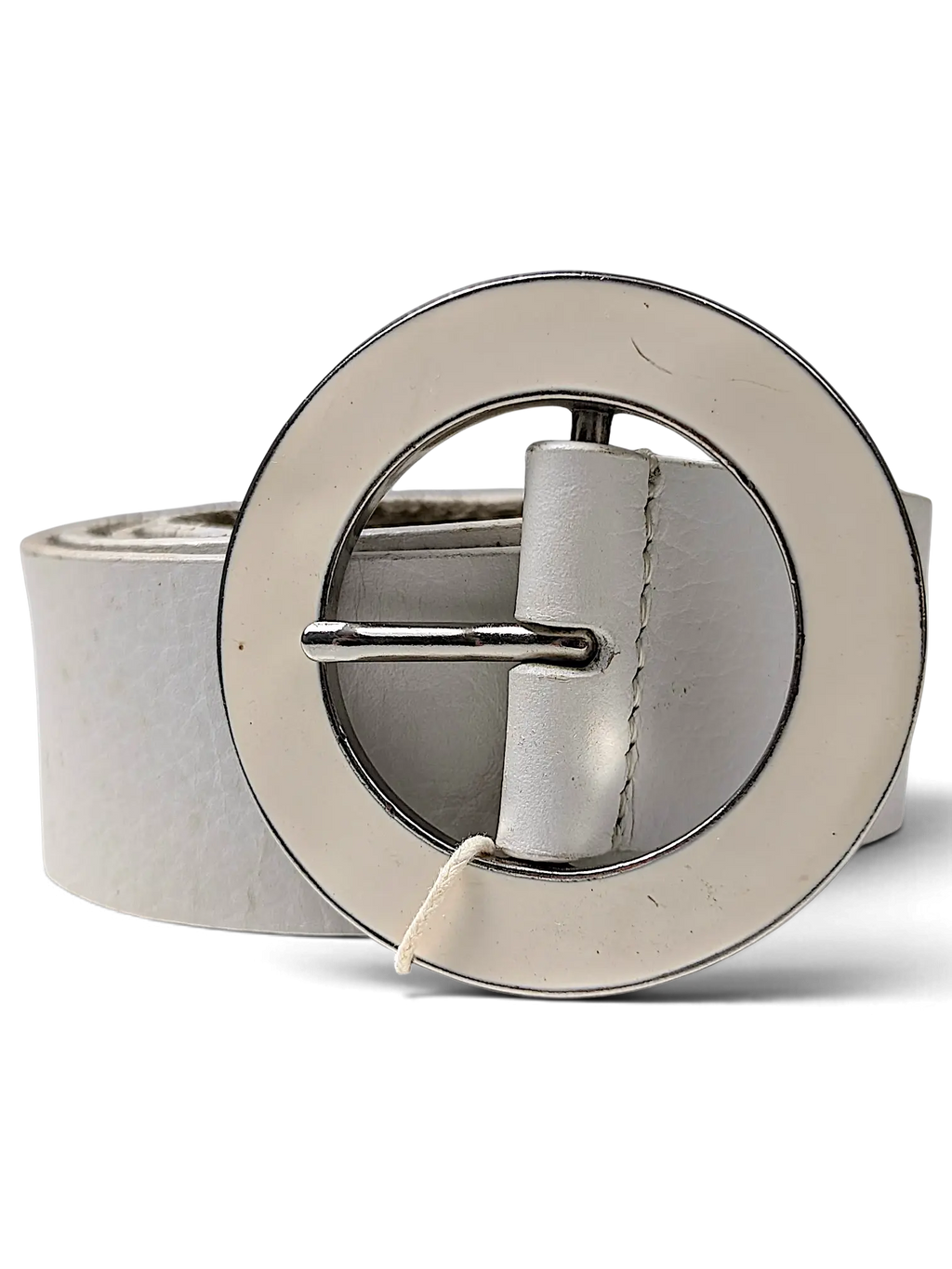 JAKE & IPI Esprit white leather belt featuring a large circular silver-toned buckle.