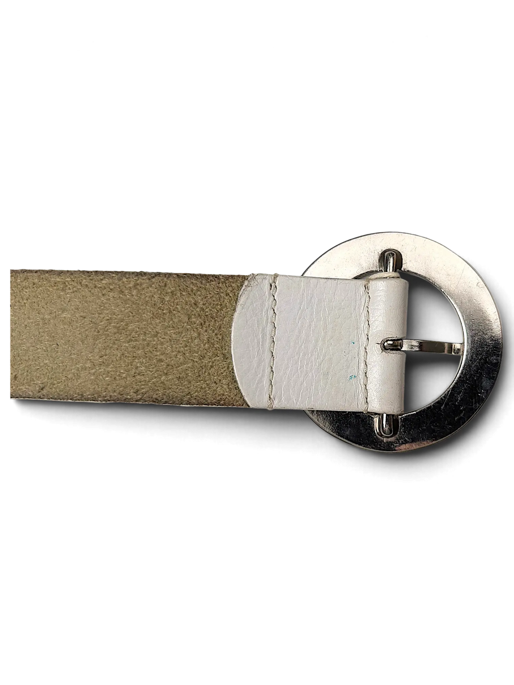 JAKE & IPI Esprit white leather belt featuring a large circular silver-tone metal buckle and suede underside