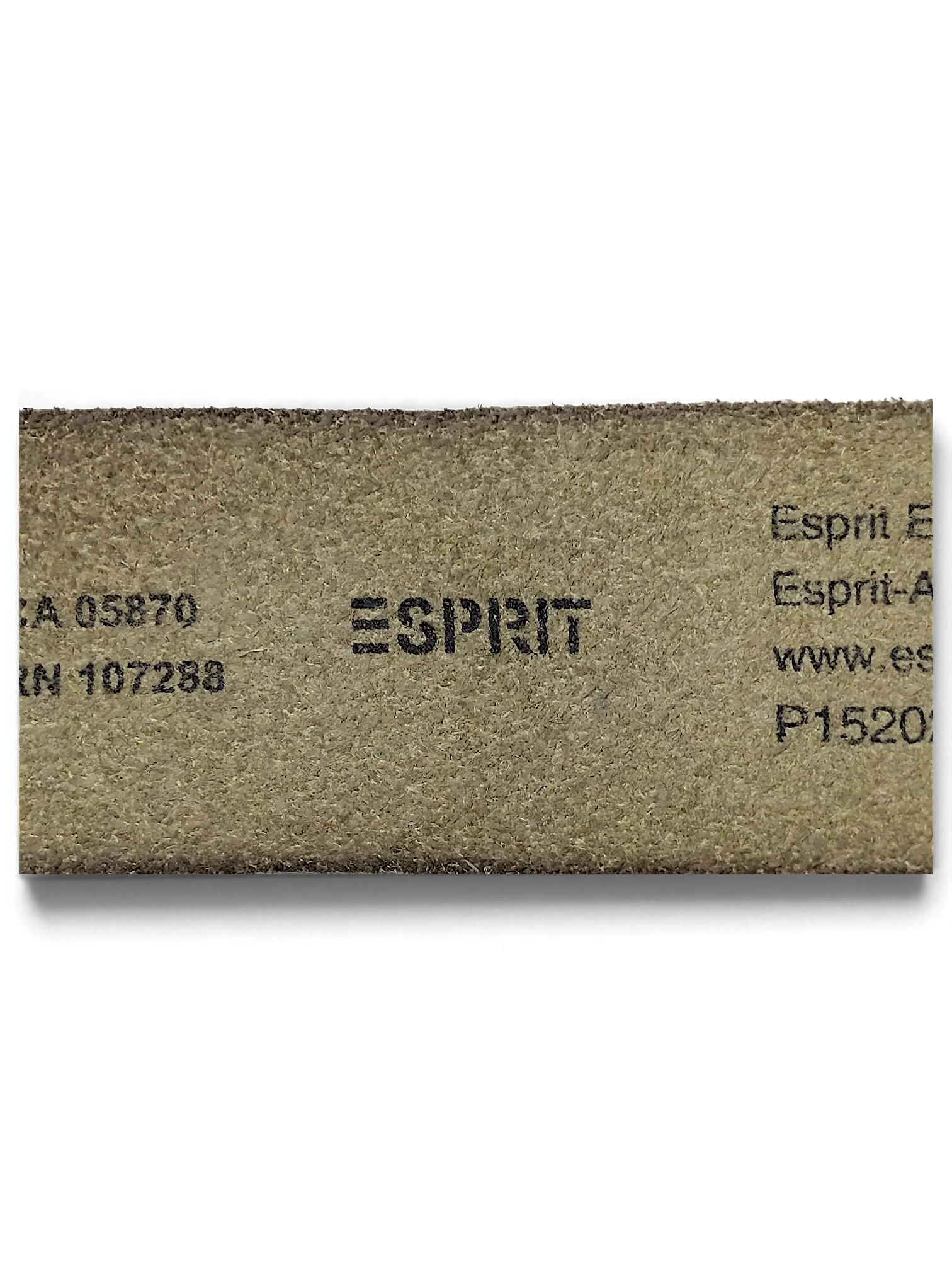 JAKE & IPI white leather belt interior branding and product information stamp