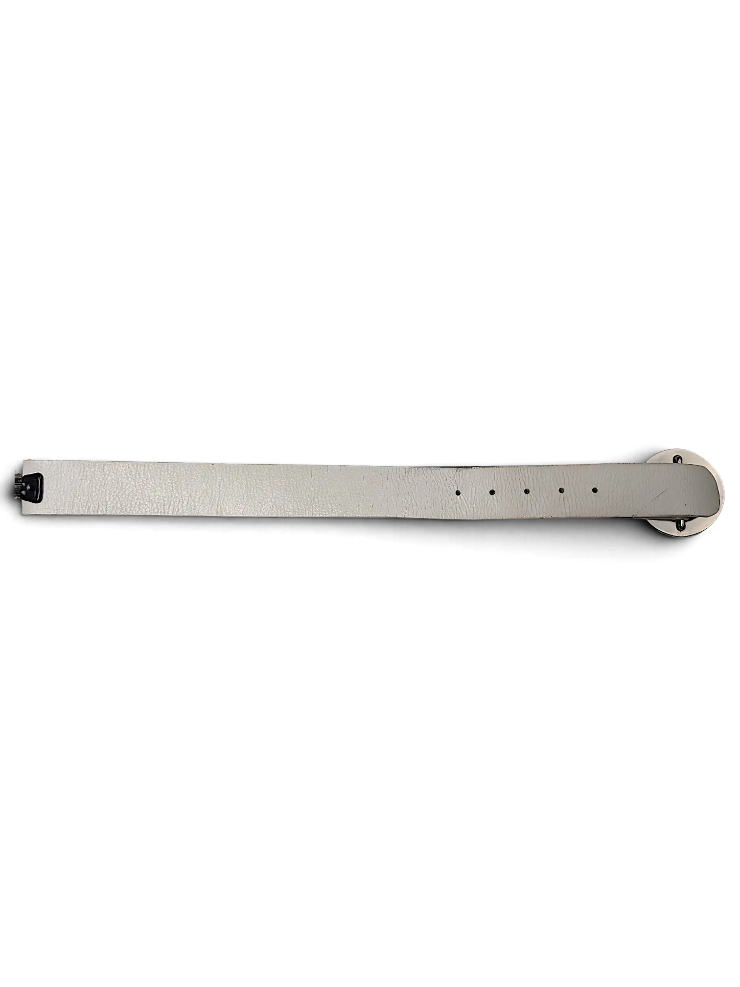 JAKE & IPI Esprit white leather belt with a circular silver buckle and attached product tag