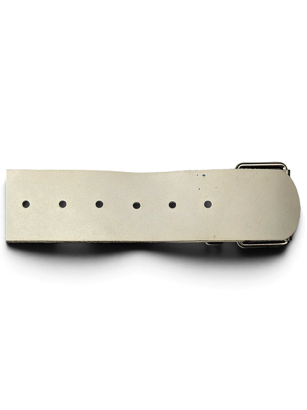 JAKE & IPI white leather belt with a silver-tone metal buckle and classic punched holes in a Y2K aesthetic style.