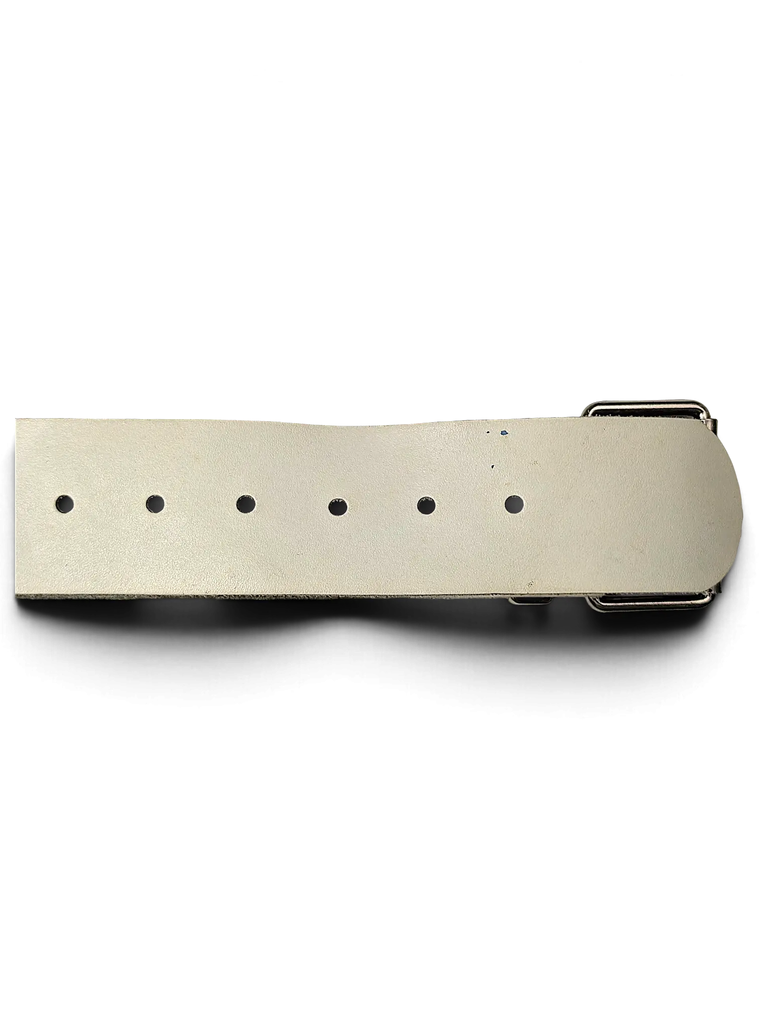 JAKE & IPI white leather belt with a silver-tone metal buckle and classic punched holes in a Y2K aesthetic style.