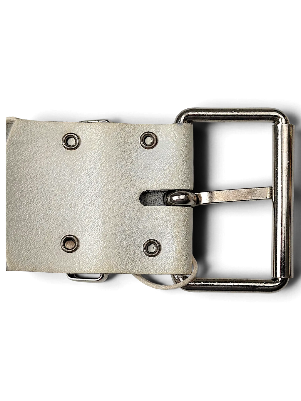 JAKE & IPI white leather belt featuring a silver-tone metal buckle and industrial grommet detailing in a Y2K style.