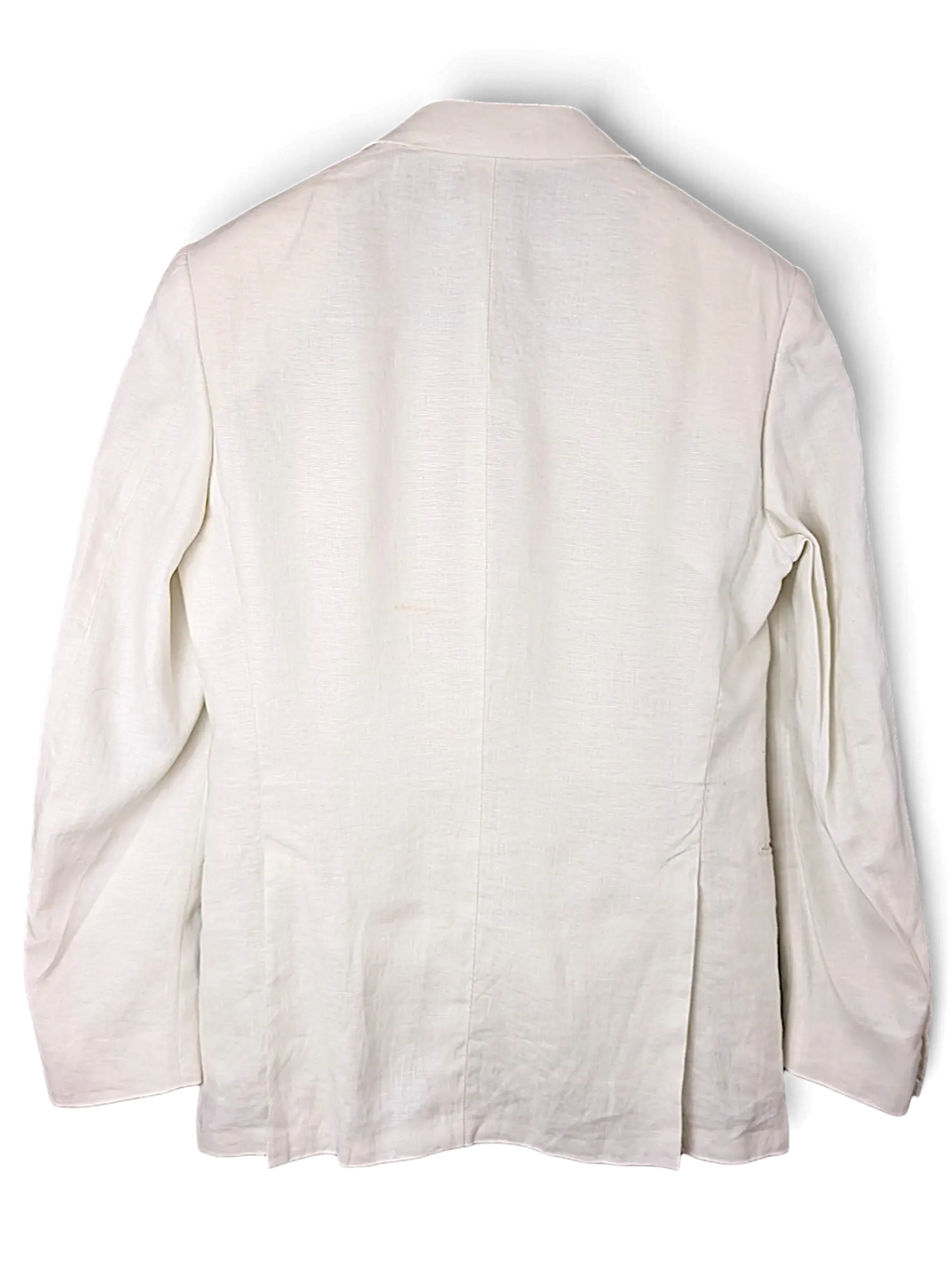 Back view of a JAKE & IPI white linen Brioni suit jacket featuring a classic tailored fit and dual back vents.