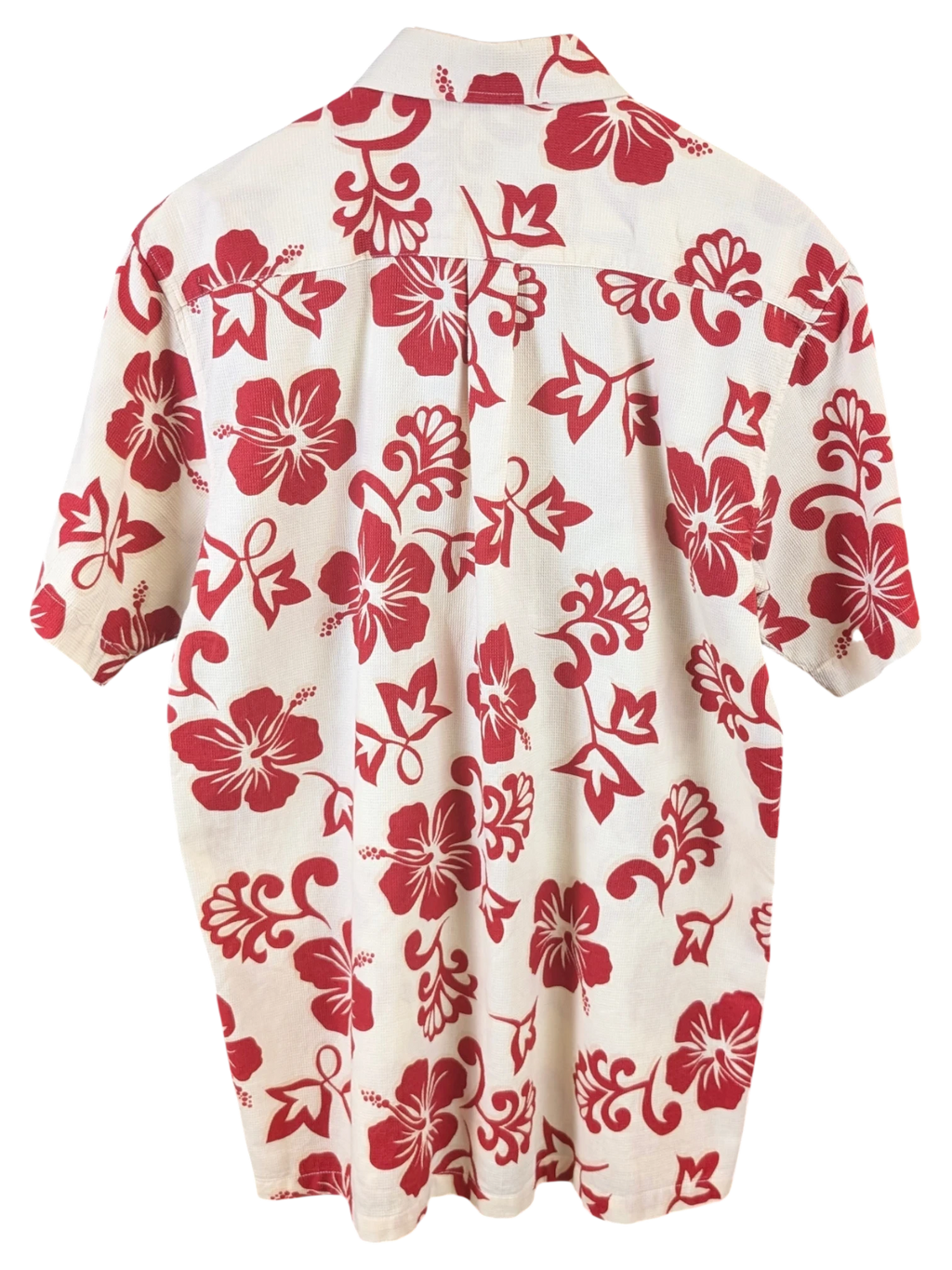 JAKE & IPI Teahupoo Tahiti Hawaiian shirt in white with a red hibiscus floral print, back view on a hanger.