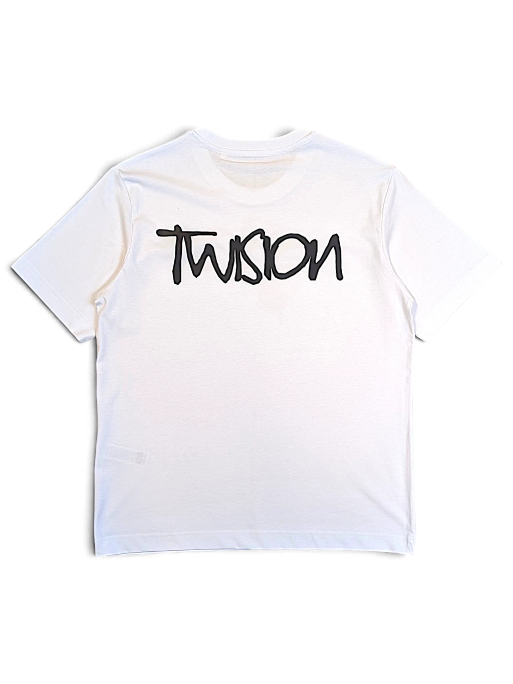 JAKE & IPI white cotton T-shirt featuring a bold black Twision graphic print on the back