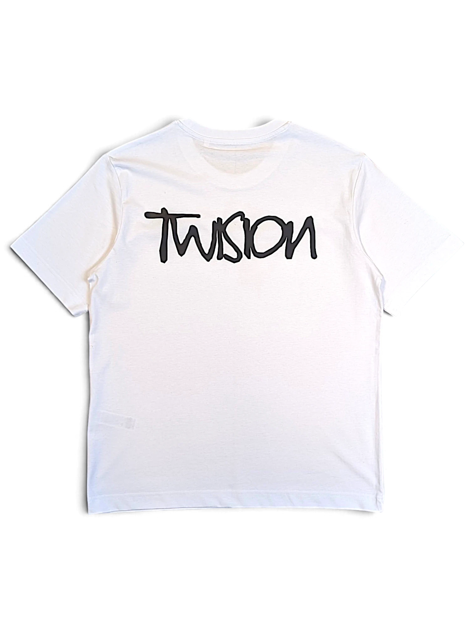 JAKE & IPI white cotton T-shirt featuring a bold black Twision graphic print on the back