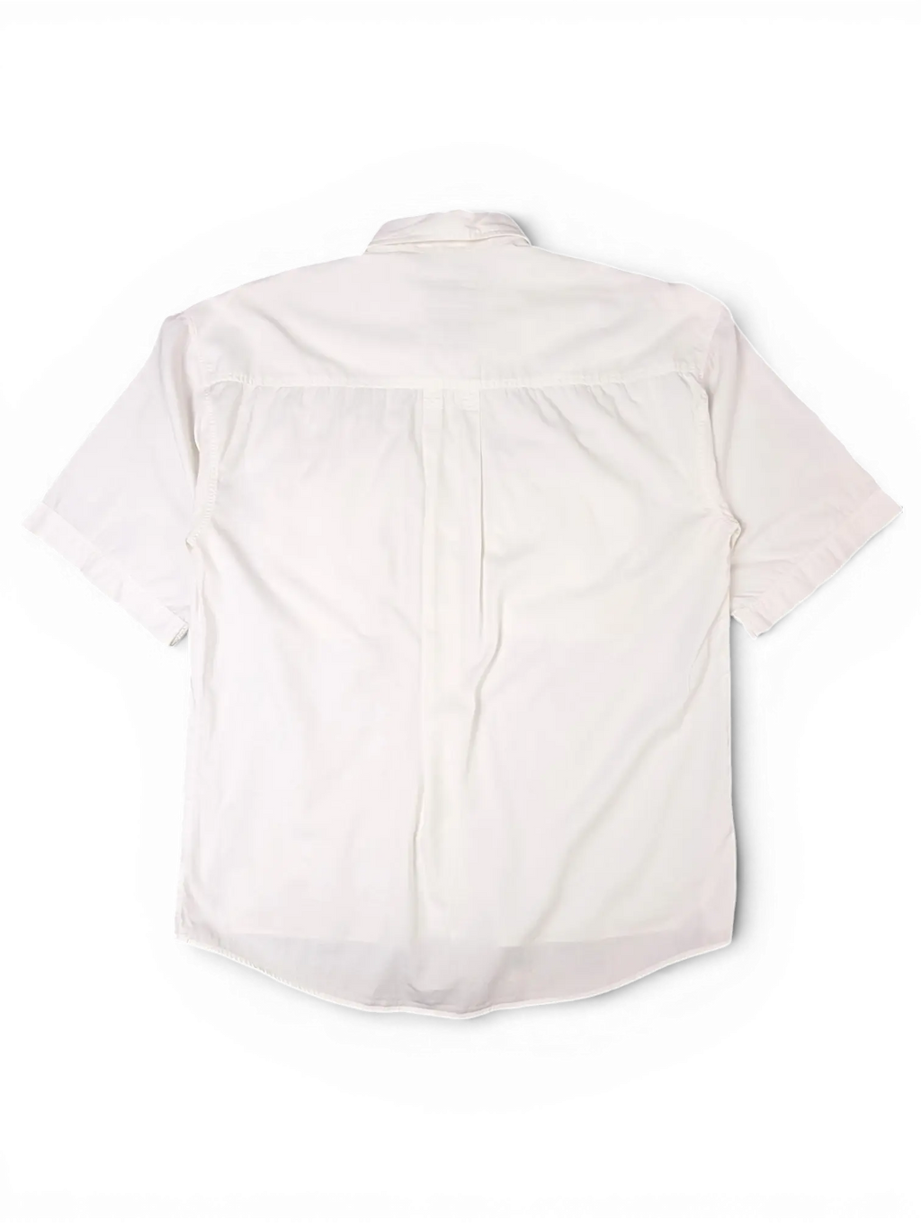 JAKE & IPI vintage white short sleeve utility shirt, back view showing button-down collar and pleated back yoke.