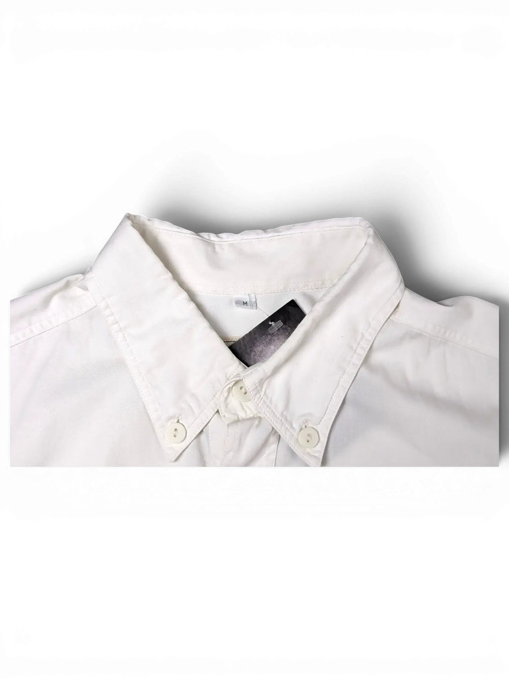 JAKE & IPI white short sleeve utility shirt with a button-down collar and visible size M tag.