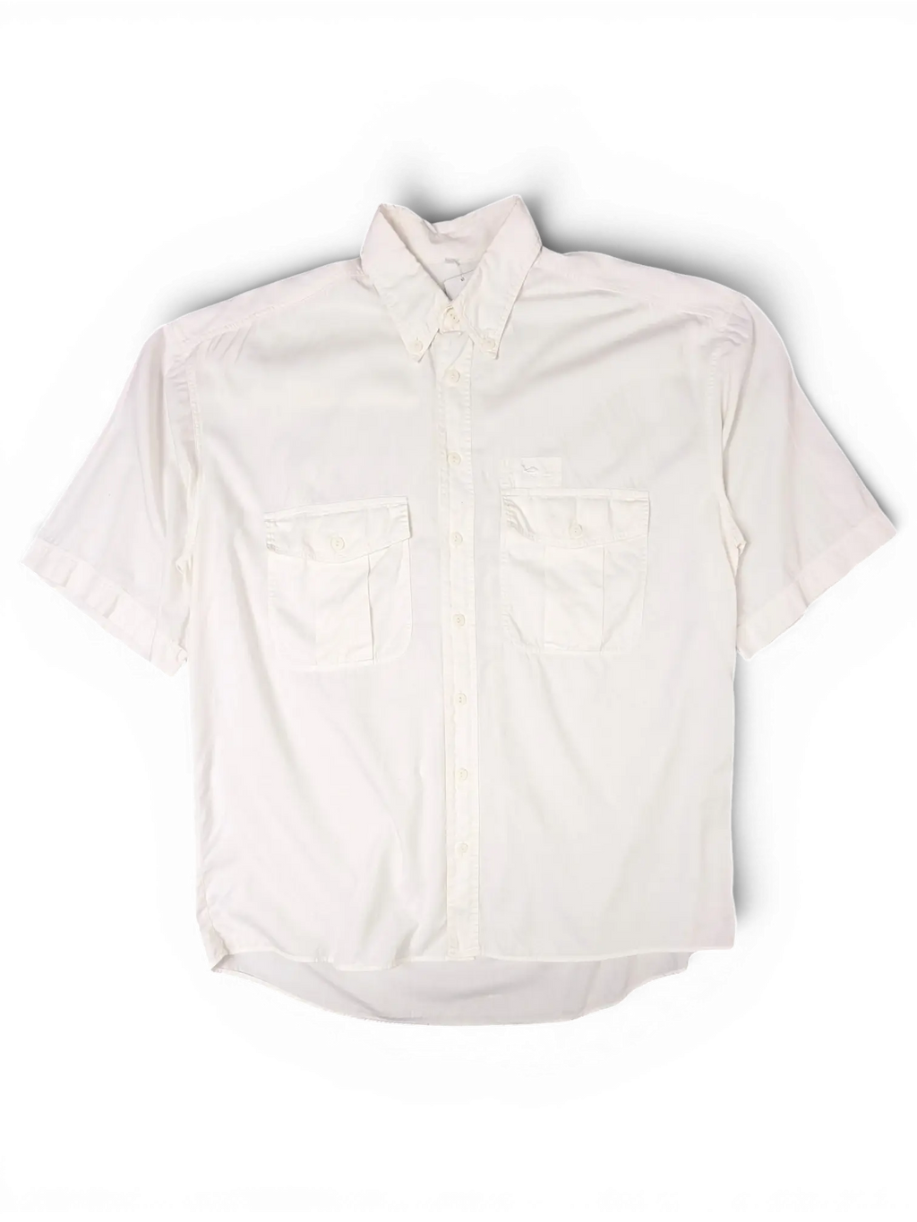 JAKE & IPI vintage white short sleeve utility shirt with button-down collar and dual flap chest pockets.