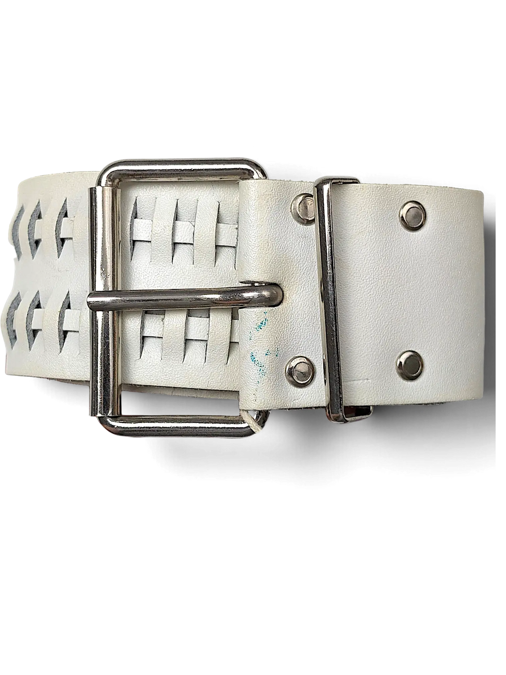 JAKE & IPI white leather belt featuring a wide woven design, silver metal buckle, and industrial stud detailing.
