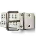 JAKE & IPI white leather belt featuring a wide woven design, silver metal buckle, and industrial stud detailing.