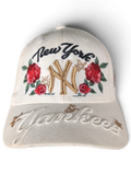JAKE & IPI white New York Yankees cap featuring gold NY embroidery, red rose floral accents, and script lettering.