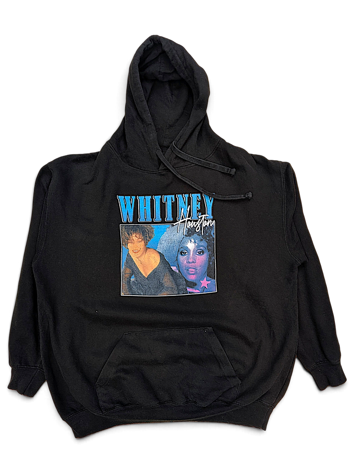 JAKE & IPI black hoodie featuring a vintage-style Whitney Houston graphic print with blue text and star accents.