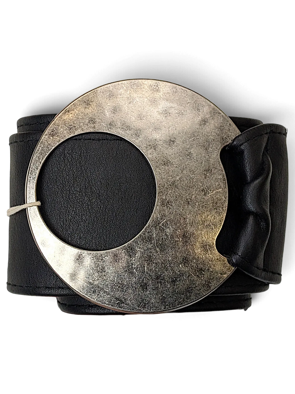 JAKE & IPI wide black faux leather belt featuring a large circular brushed silver metal buckle
