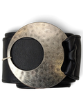JAKE & IPI wide black faux leather belt featuring a large circular brushed silver metal buckle