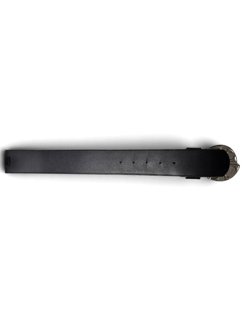JAKE & IPI wide black leather belt with a large decorative silver metal buckle on a plain white background