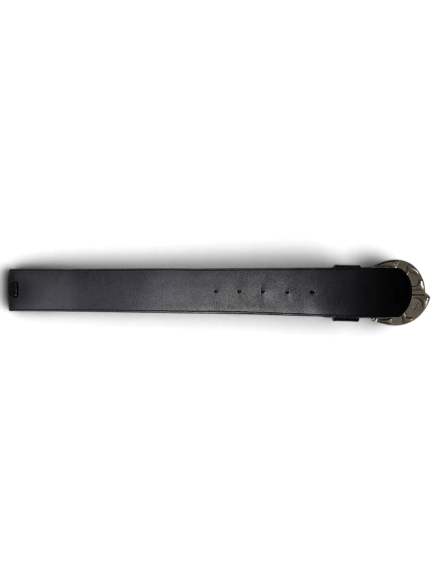 JAKE & IPI wide black leather belt with a large decorative silver metal buckle on a plain white background