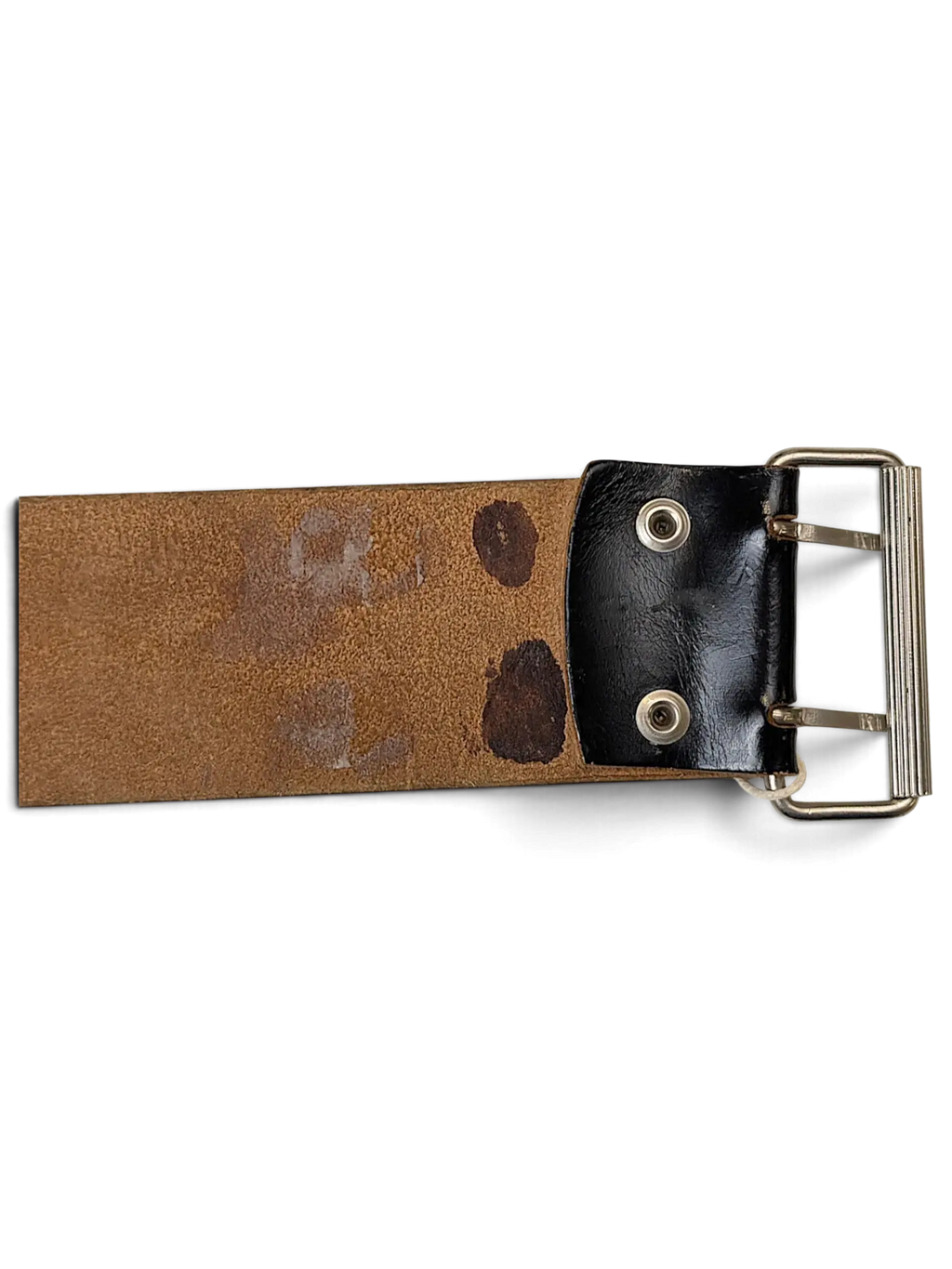 JAKE & IPI wide black leather belt featuring a sturdy silver metal buckle and riveted construction