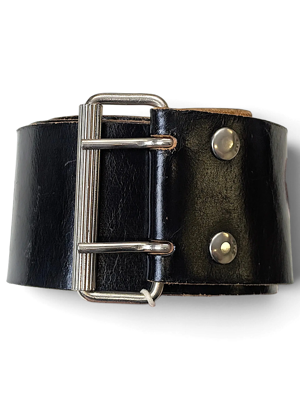 JAKE & IPI wide black leather belt featuring a sturdy silver-toned double-prong metal buckle and rivet details.