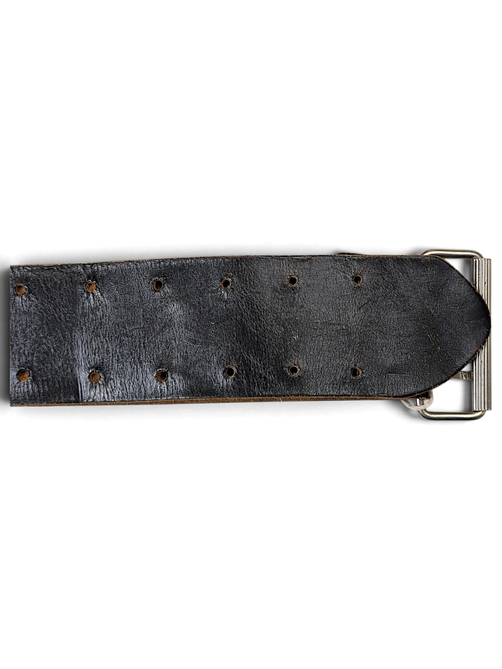 JAKE & IPI wide black leather belt featuring a double row of punch holes and a silver-tone metal buckle