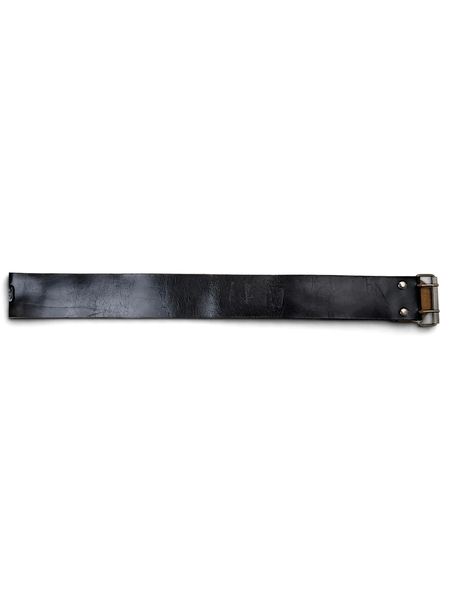 JAKE & IPI wide black leather belt with a double prong silver buckle and attached brand tag on a white background