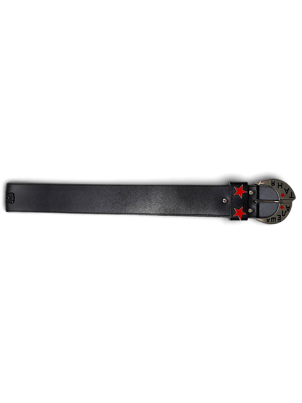 JAKE & IPI wide black leather belt featuring red star studs and a metal buckle with Russian Cyrillic lettering.
