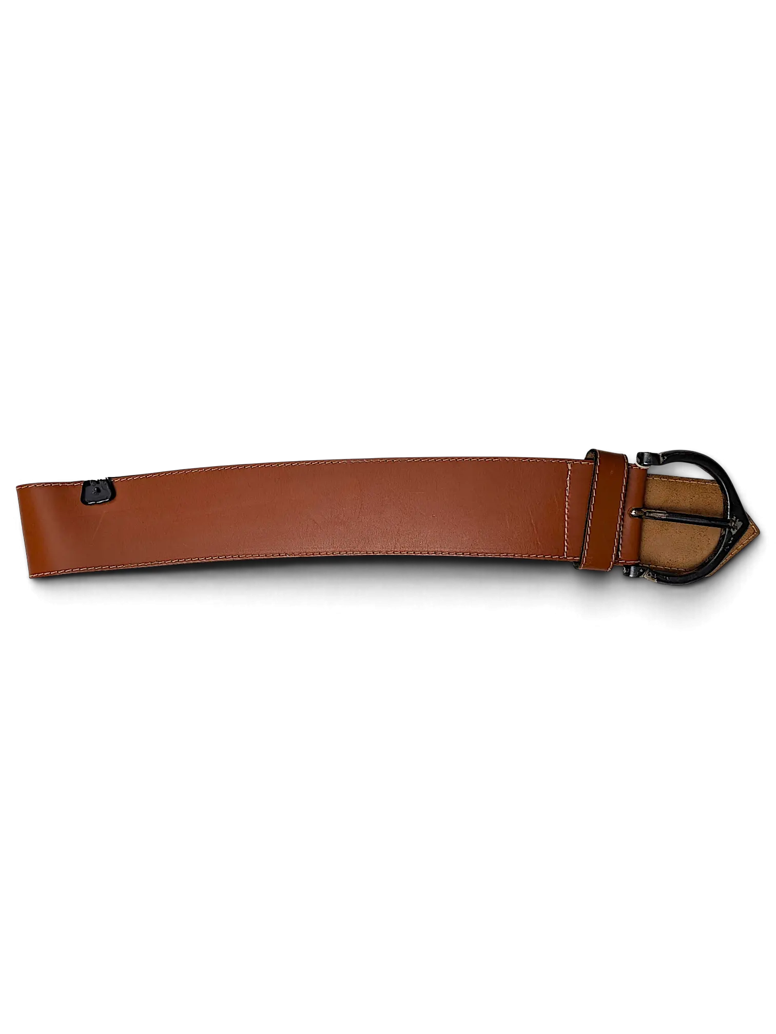 JAKE & IPI wide brown leather belt with contrast white stitching and a dark metal buckle on a display hanger