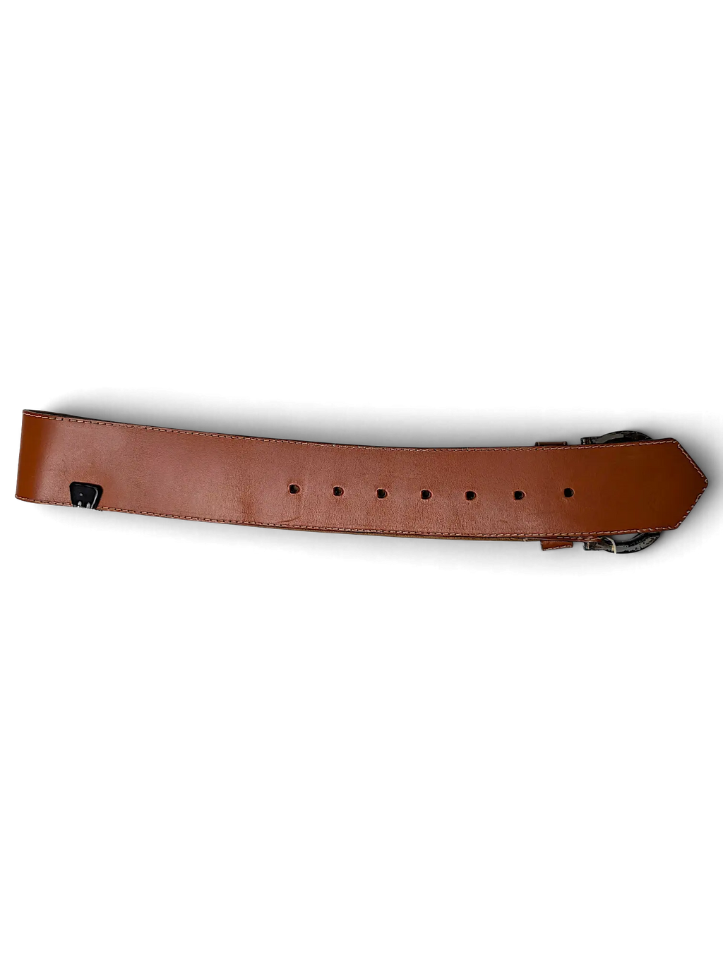 JAKE & IPI wide brown leather belt with contrast stitching and a dark metal buckle on a white background.
