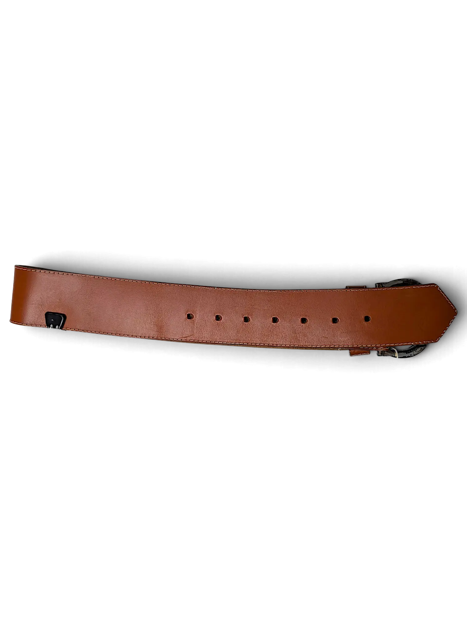 JAKE & IPI wide brown leather belt with contrast stitching and a dark metal buckle on a white background.