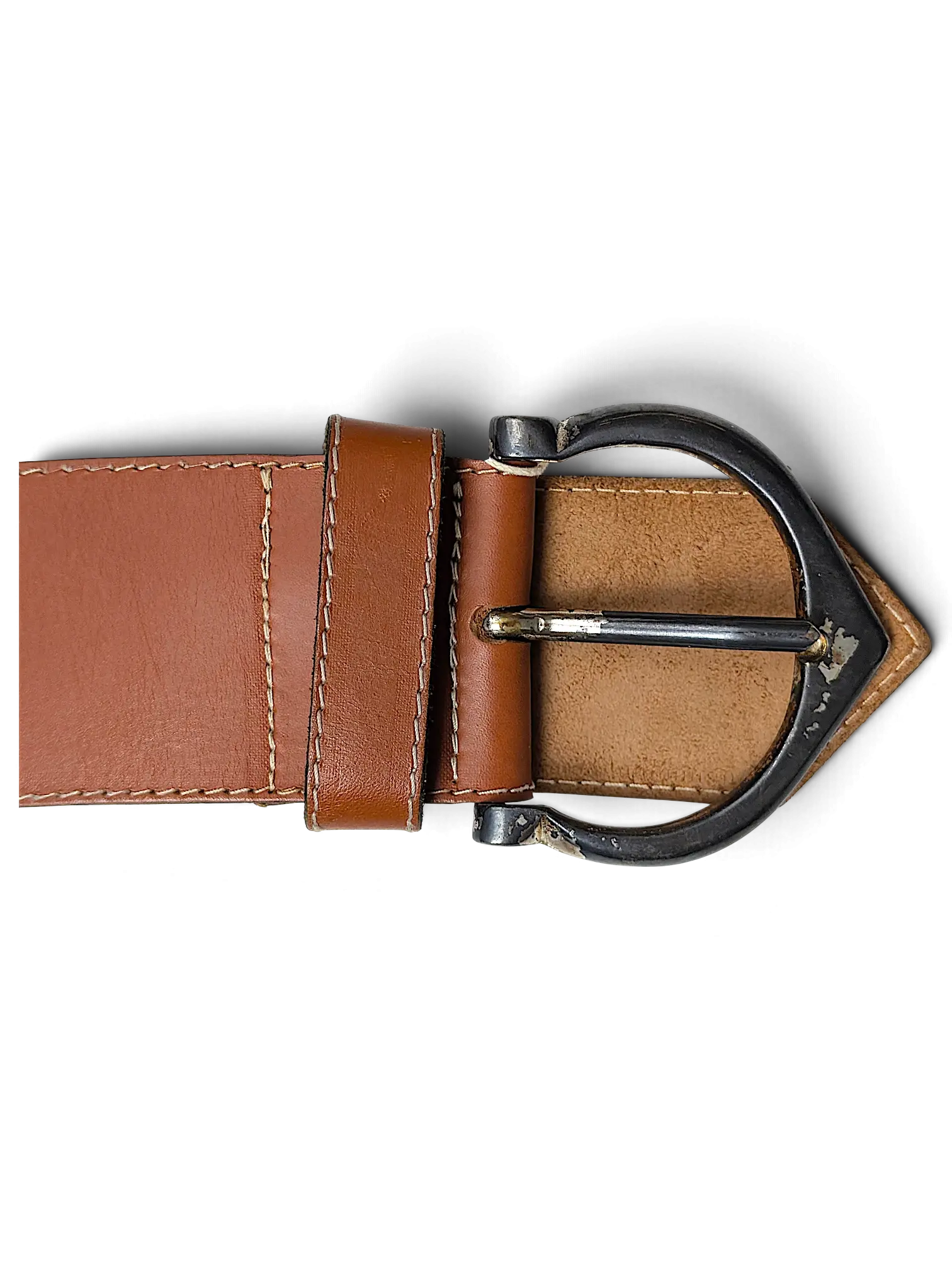 JAKE & IPI wide brown leather belt featuring contrast stitching and a distressed dark metal buckle