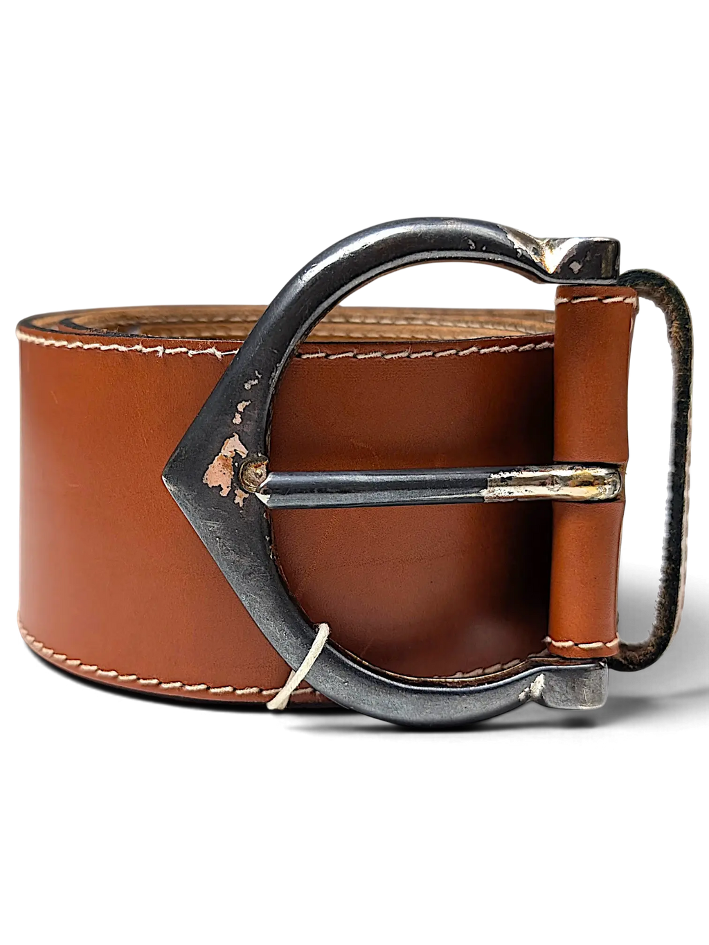 JAKE & IPI wide brown leather belt with a distressed dark metal buckle and white contrast stitching