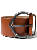 JAKE & IPI wide brown leather belt with a distressed dark metal buckle and white contrast stitching