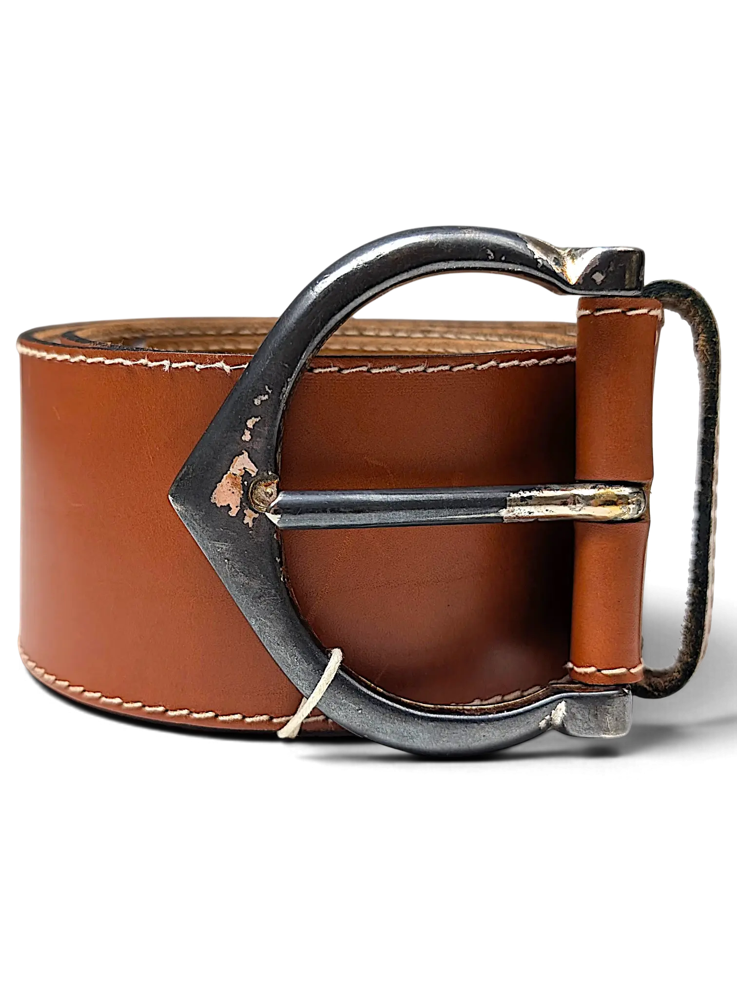 JAKE & IPI wide brown leather belt with a distressed dark metal buckle and white contrast stitching
