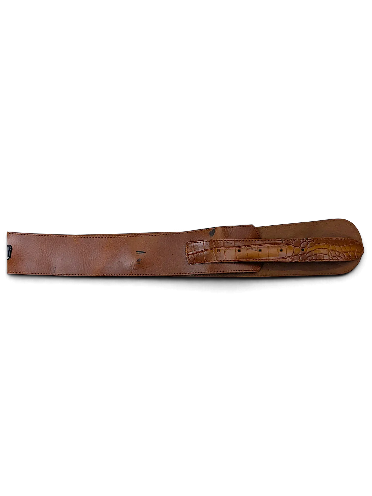 JAKE & IPI wide brown leather belt with a textured crocodile-embossed strap detail and metal hardware