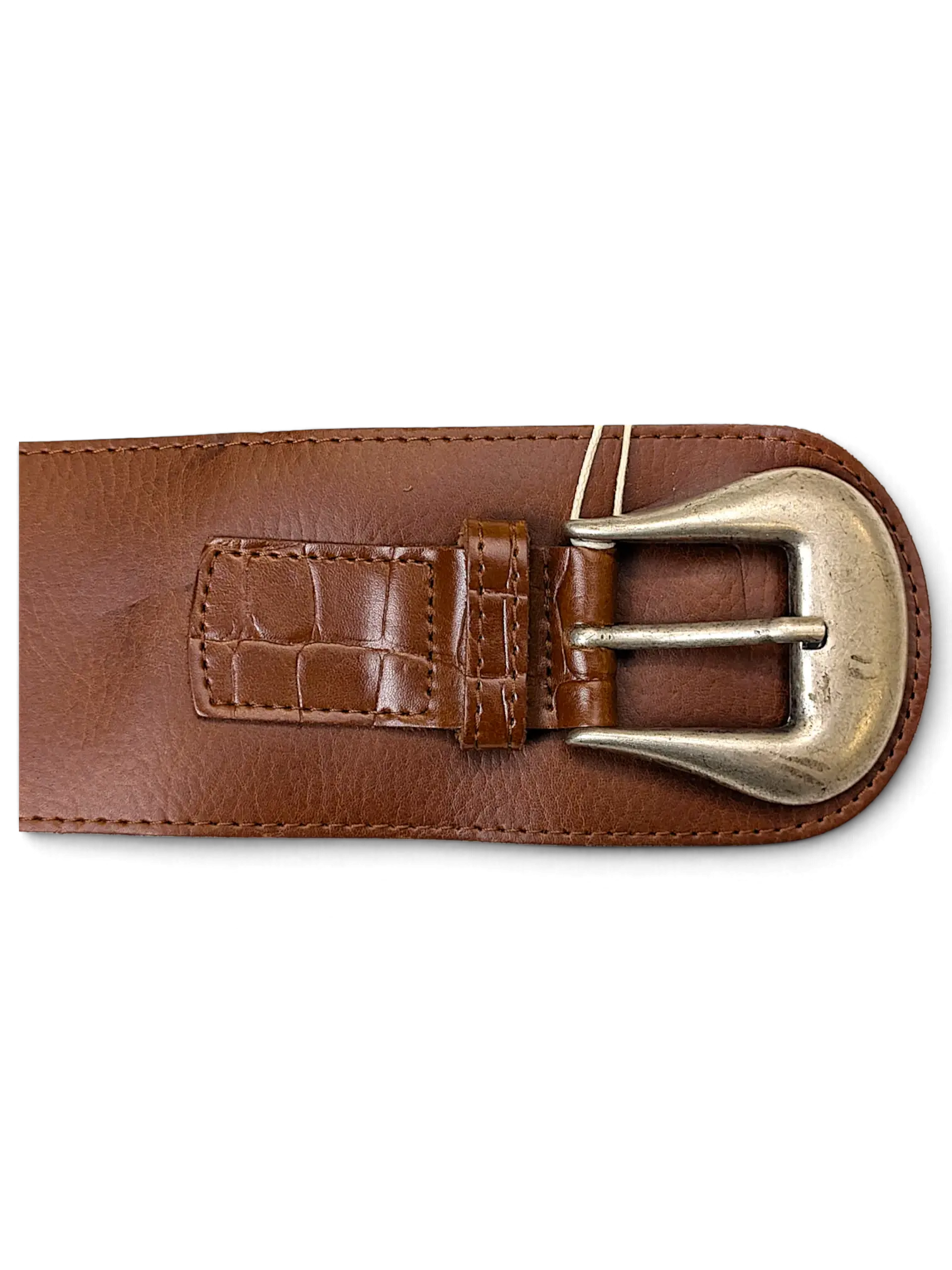 JAKE & IPI wide brown leather belt with a textured crocodile-embossed loop and a large antique silver-tone buckle.