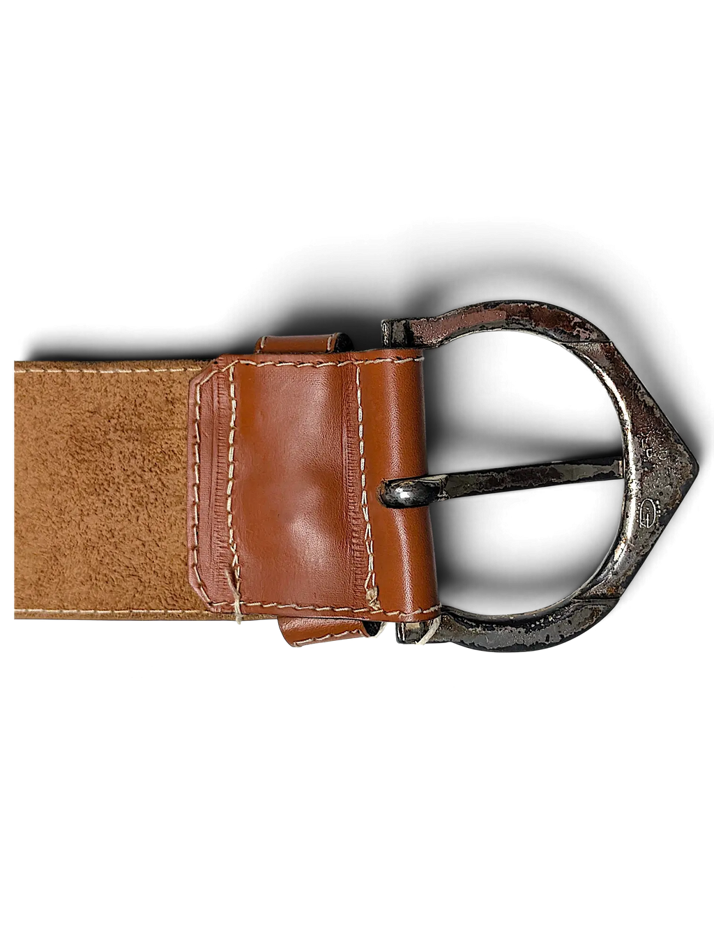 JAKE & IPI wide brown leather belt featuring a distressed silver-tone metal buckle with contrast white stitching.