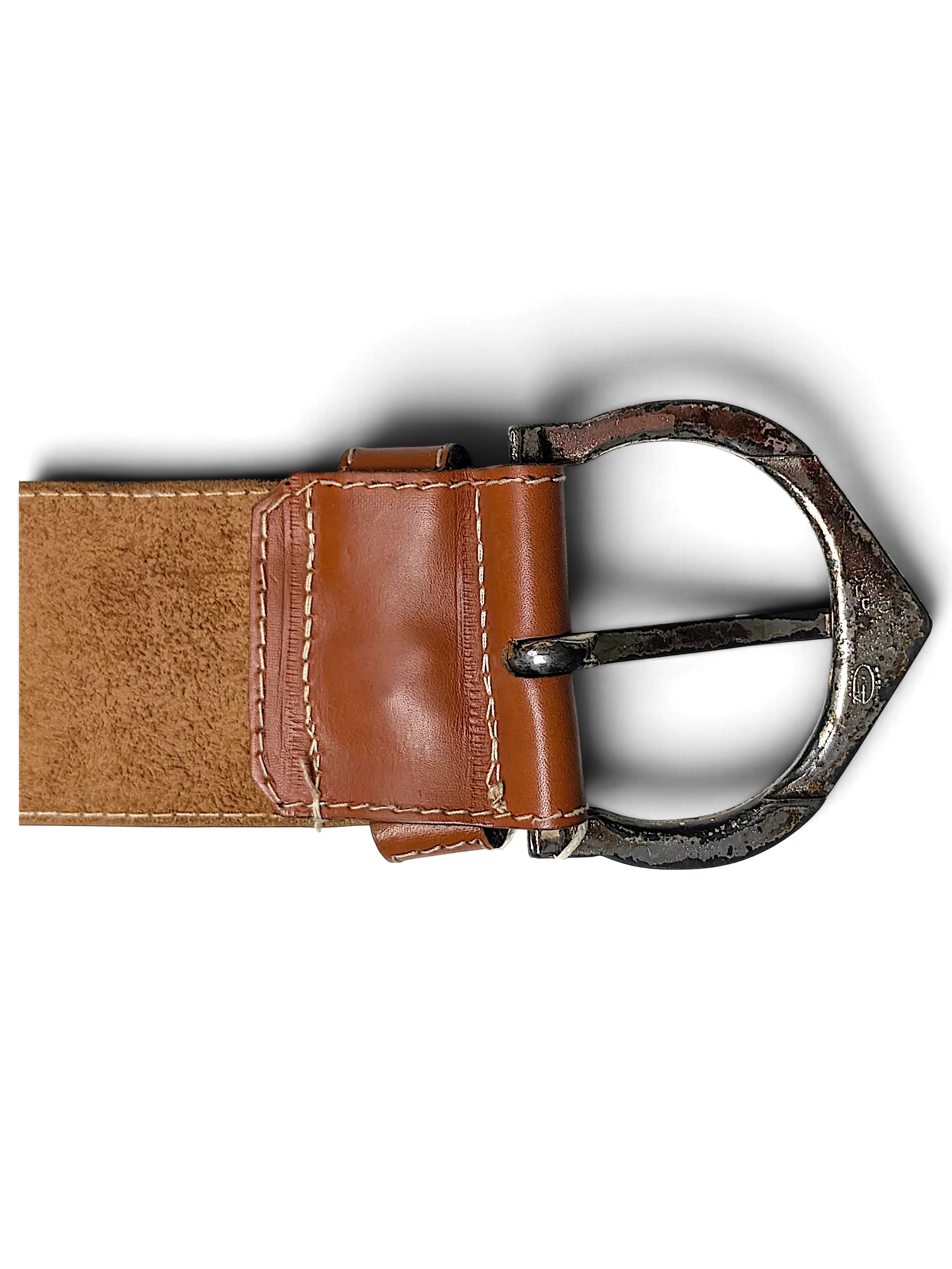 JAKE & IPI wide brown leather belt featuring a distressed silver-tone metal buckle with contrast white stitching.